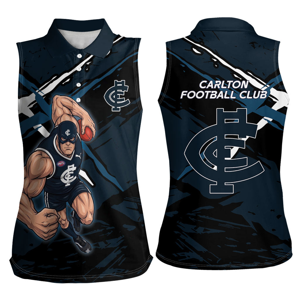 Carlton Football Club Women Sleeveless Polo Shirt Blues Muscular Mascot Graphic - Abstract Paint Splatter Art