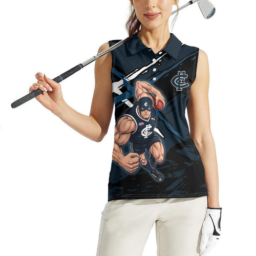 Carlton Football Club Women Sleeveless Polo Shirt Blues Muscular Mascot Graphic - Abstract Paint Splatter Art