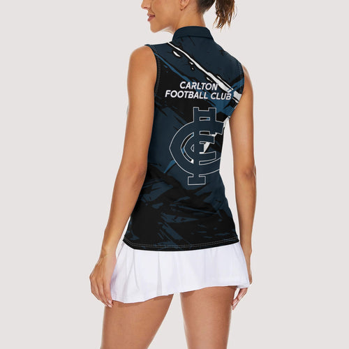 Carlton Football Club Women Sleeveless Polo Shirt Blues Muscular Mascot Graphic - Abstract Paint Splatter Art
