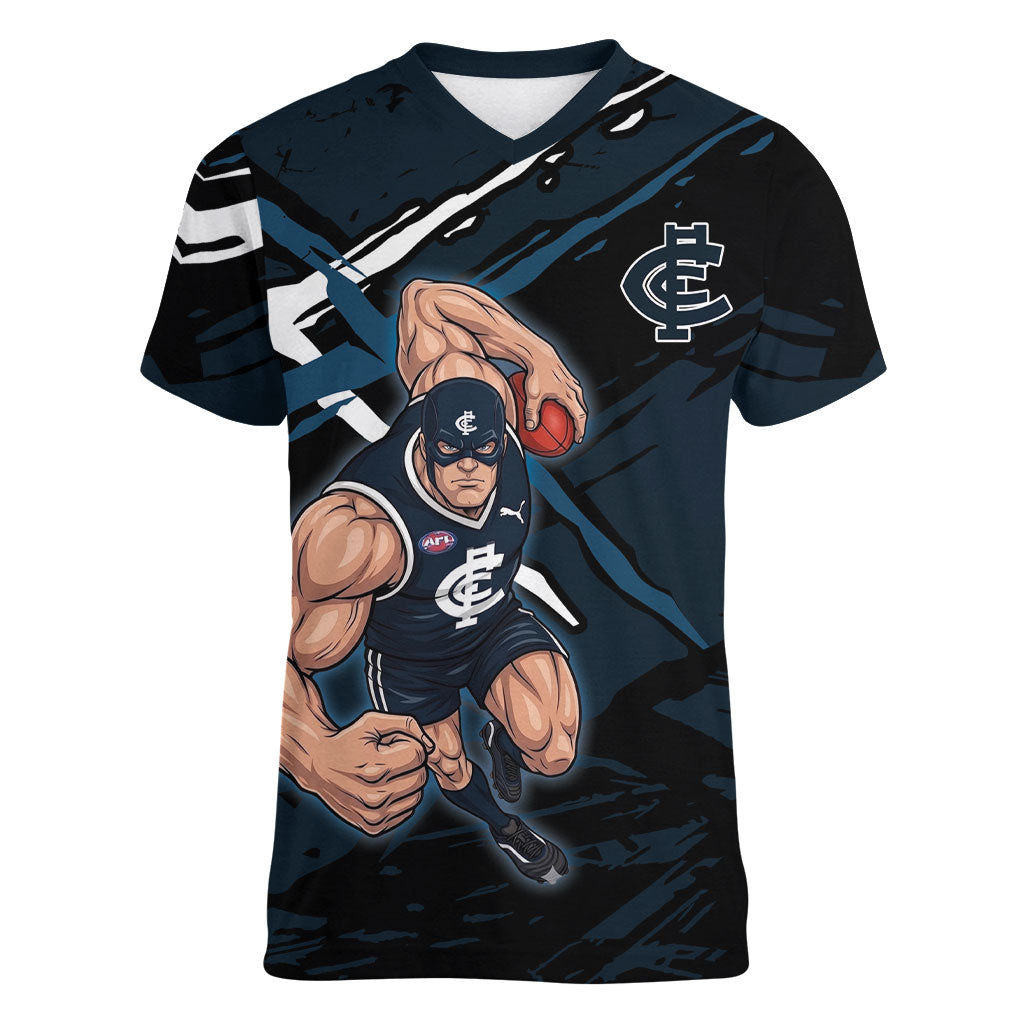 Carlton Football Club Women V-Neck T-Shirt Blues Muscular Mascot Graphic - Abstract Paint Splatter Art
