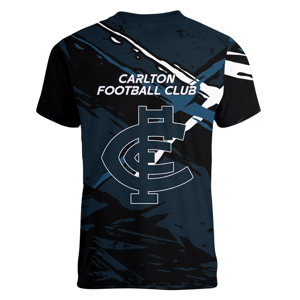 Carlton Football Club Women V-Neck T-Shirt Blues Muscular Mascot Graphic - Abstract Paint Splatter Art