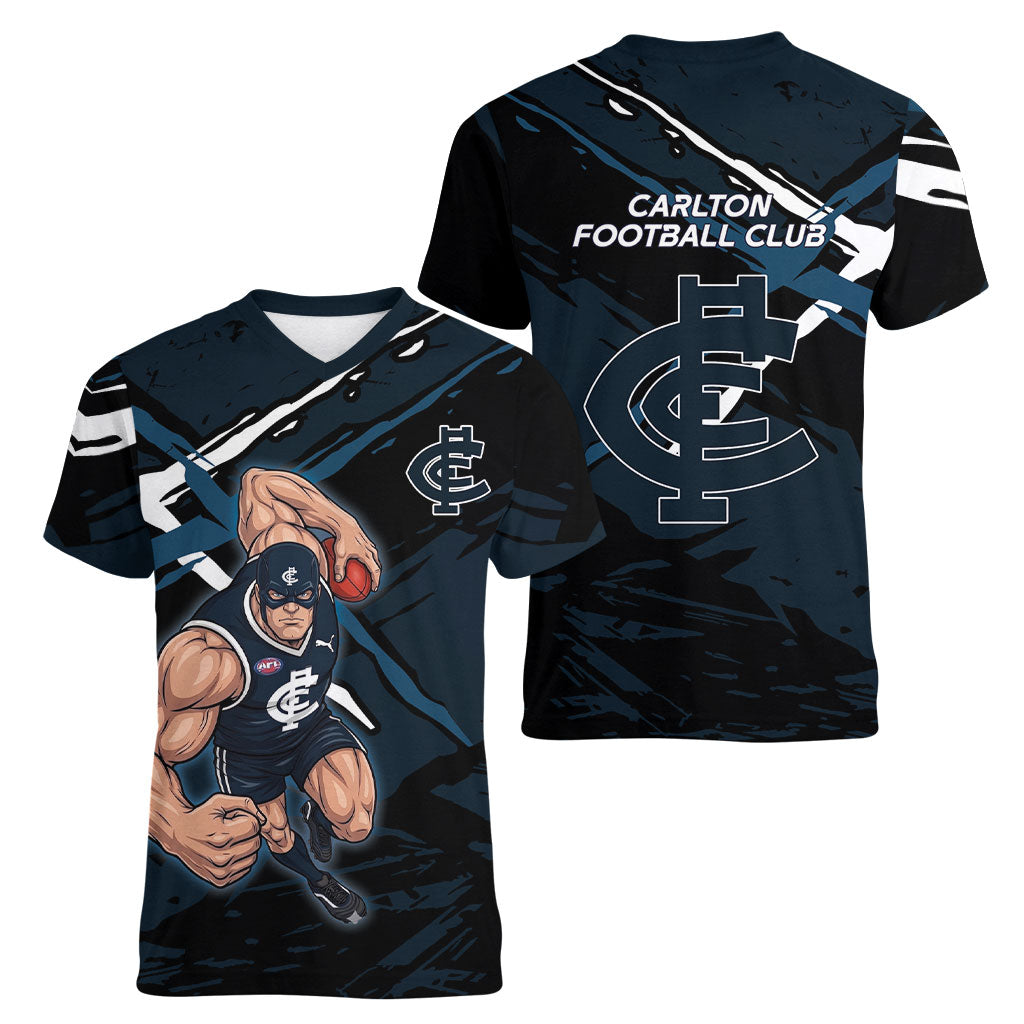 Carlton Football Club Women V-Neck T-Shirt Blues Muscular Mascot Graphic - Abstract Paint Splatter Art