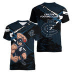 Carlton Football Club Women V-Neck T-Shirt Blues Muscular Mascot Graphic - Abstract Paint Splatter Art