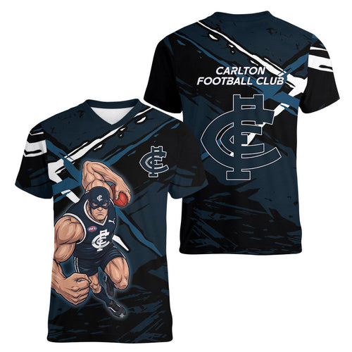 Carlton Football Club Women V-Neck T-Shirt Blues Muscular Mascot Graphic - Abstract Paint Splatter Art