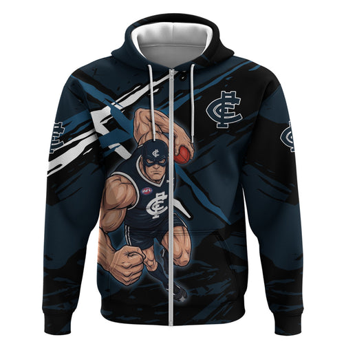 Carlton Football Club Zip Hoodie Blues Muscular Mascot Graphic - Abstract Paint Splatter Art