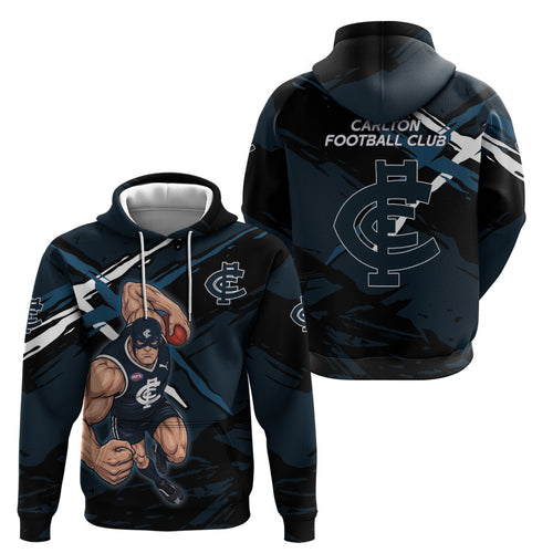 Carlton Football Club Zip Hoodie Blues Muscular Mascot Graphic - Abstract Paint Splatter Art