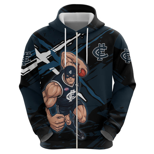 Carlton Football Club Zip Hoodie Blues Muscular Mascot Graphic - Abstract Paint Splatter Art