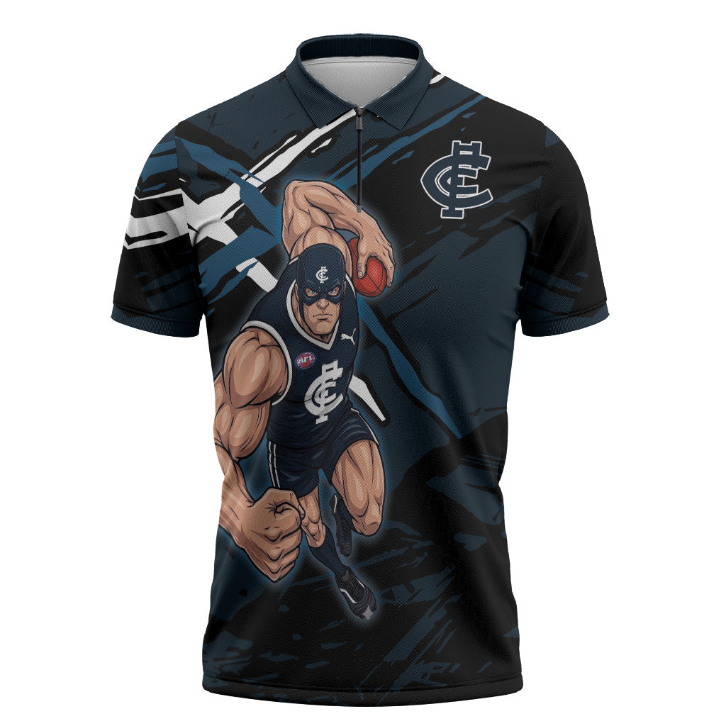 Carlton Football Club Zipper Polo Shirt Blues Muscular Mascot Graphic - Abstract Paint Splatter Art