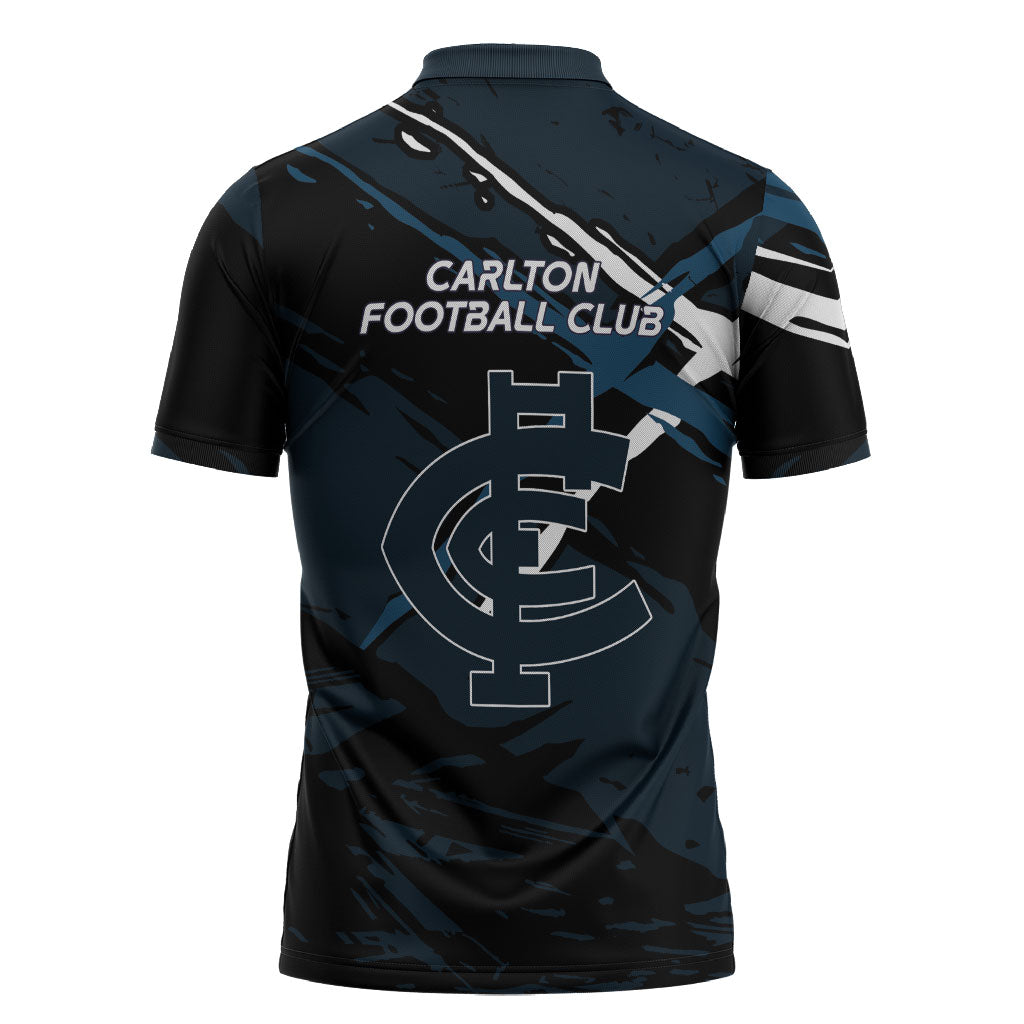 Carlton Football Club Zipper Polo Shirt Blues Muscular Mascot Graphic - Abstract Paint Splatter Art