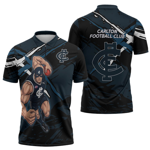 Carlton Football Club Zipper Polo Shirt Blues Muscular Mascot Graphic - Abstract Paint Splatter Art