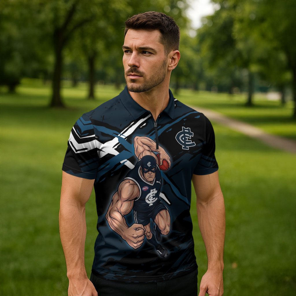 Carlton Football Club Zipper Polo Shirt Blues Muscular Mascot Graphic - Abstract Paint Splatter Art