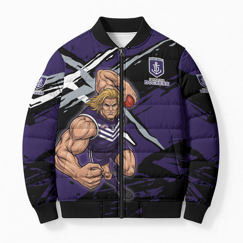 Fremantle Football Club Bomber Puffer Jacket Dockers Muscular Mascot Graphic - Abstract Paint Splatter Art