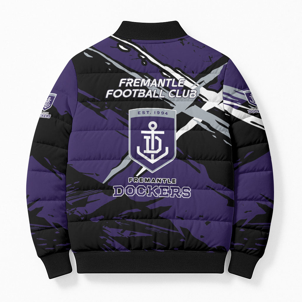 Fremantle Football Club Bomber Puffer Jacket Dockers Muscular Mascot Graphic - Abstract Paint Splatter Art