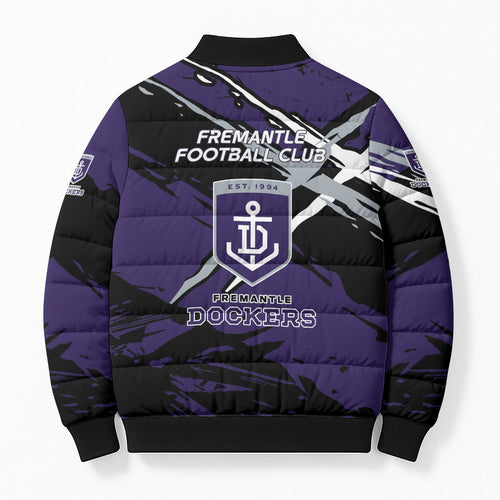 Fremantle Football Club Bomber Puffer Jacket Dockers Muscular Mascot Graphic - Abstract Paint Splatter Art