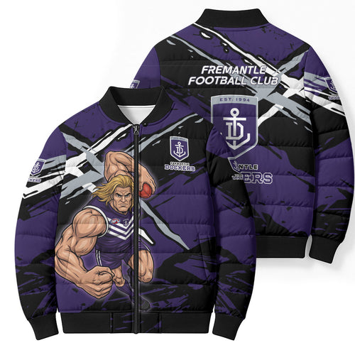 Fremantle Football Club Bomber Puffer Jacket Dockers Muscular Mascot Graphic - Abstract Paint Splatter Art
