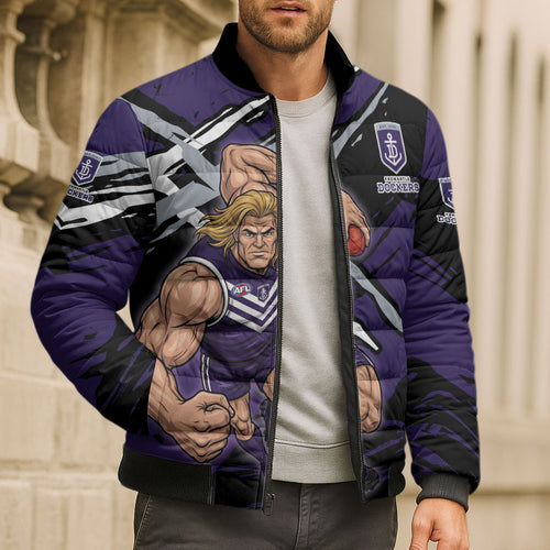 Fremantle Football Club Bomber Puffer Jacket Dockers Muscular Mascot Graphic - Abstract Paint Splatter Art