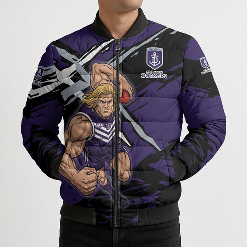 Fremantle Football Club Bomber Puffer Jacket Dockers Muscular Mascot Graphic - Abstract Paint Splatter Art