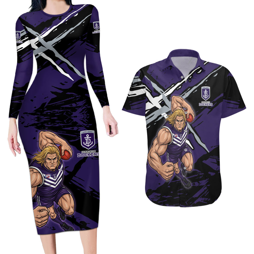 Fremantle Football Club Couples Matching Long Sleeve Bodycon Dress and Hawaiian Shirt Dockers Muscular Mascot Graphic - Abstract Paint Splatter Art