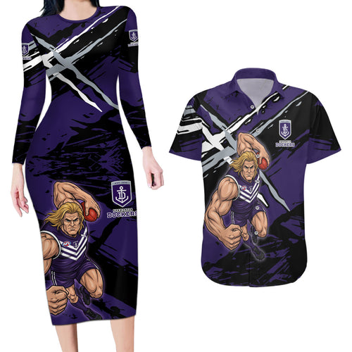 Fremantle Football Club Couples Matching Long Sleeve Bodycon Dress and Hawaiian Shirt Dockers Muscular Mascot Graphic - Abstract Paint Splatter Art