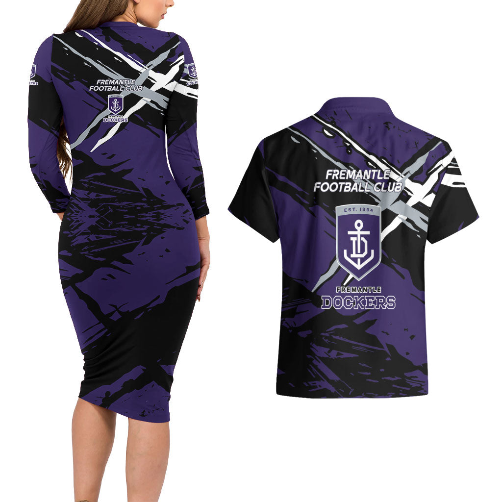 Fremantle Football Club Couples Matching Long Sleeve Bodycon Dress and Hawaiian Shirt Dockers Muscular Mascot Graphic - Abstract Paint Splatter Art