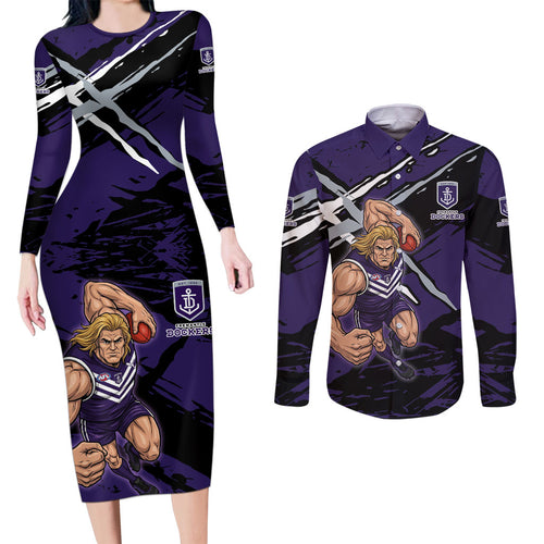 Fremantle Football Club Couples Matching Long Sleeve Bodycon Dress and Long Sleeve Button Shirt Dockers Muscular Mascot Graphic - Abstract Paint Splatter Art