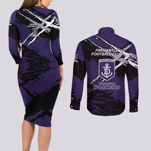 Fremantle Football Club Couples Matching Long Sleeve Bodycon Dress and Long Sleeve Button Shirt Dockers Muscular Mascot Graphic - Abstract Paint Splatter Art