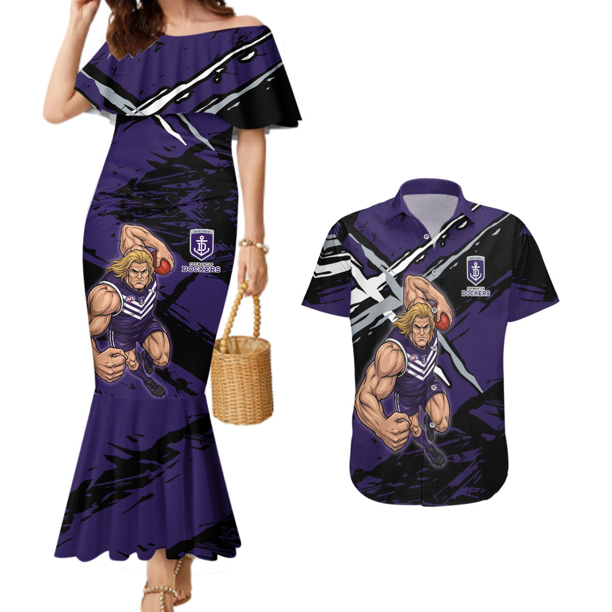 Fremantle Football Club Couples Matching Mermaid Dress and Hawaiian Shirt Dockers Muscular Mascot Graphic - Abstract Paint Splatter Art