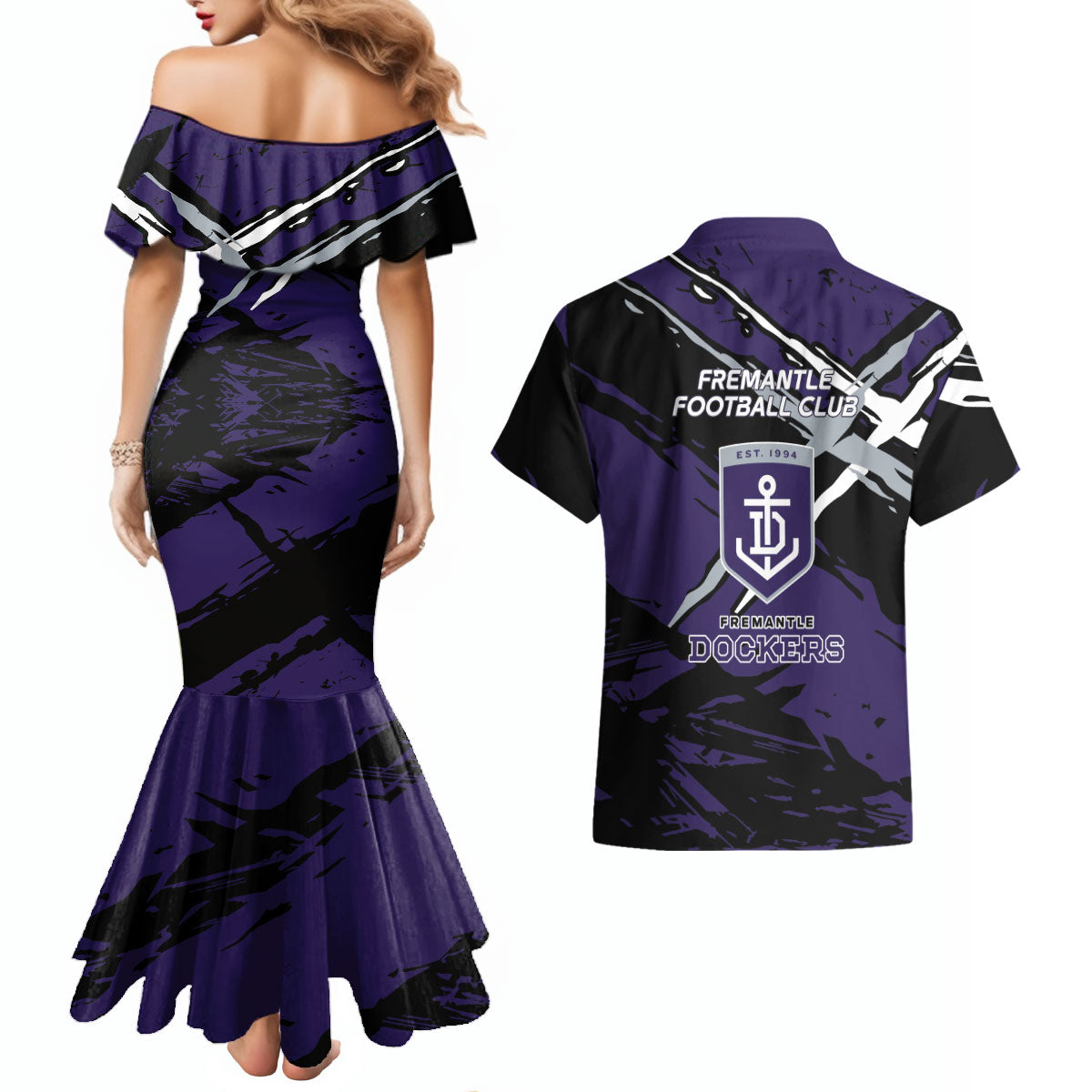 Fremantle Football Club Couples Matching Mermaid Dress and Hawaiian Shirt Dockers Muscular Mascot Graphic - Abstract Paint Splatter Art
