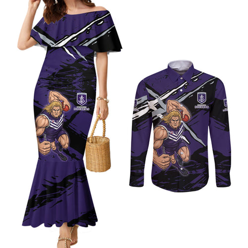 Fremantle Football Club Couples Matching Mermaid Dress and Long Sleeve Button Shirt Dockers Muscular Mascot Graphic - Abstract Paint Splatter Art