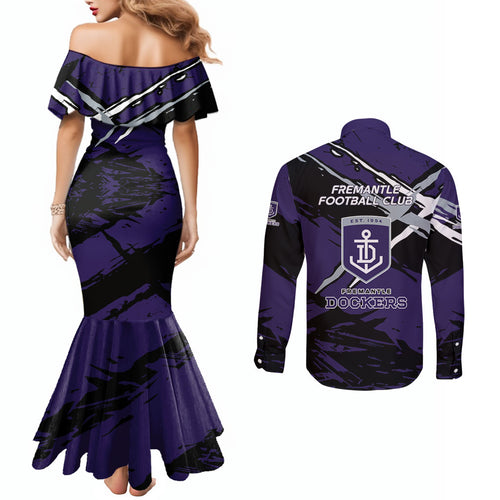 Fremantle Football Club Couples Matching Mermaid Dress and Long Sleeve Button Shirt Dockers Muscular Mascot Graphic - Abstract Paint Splatter Art