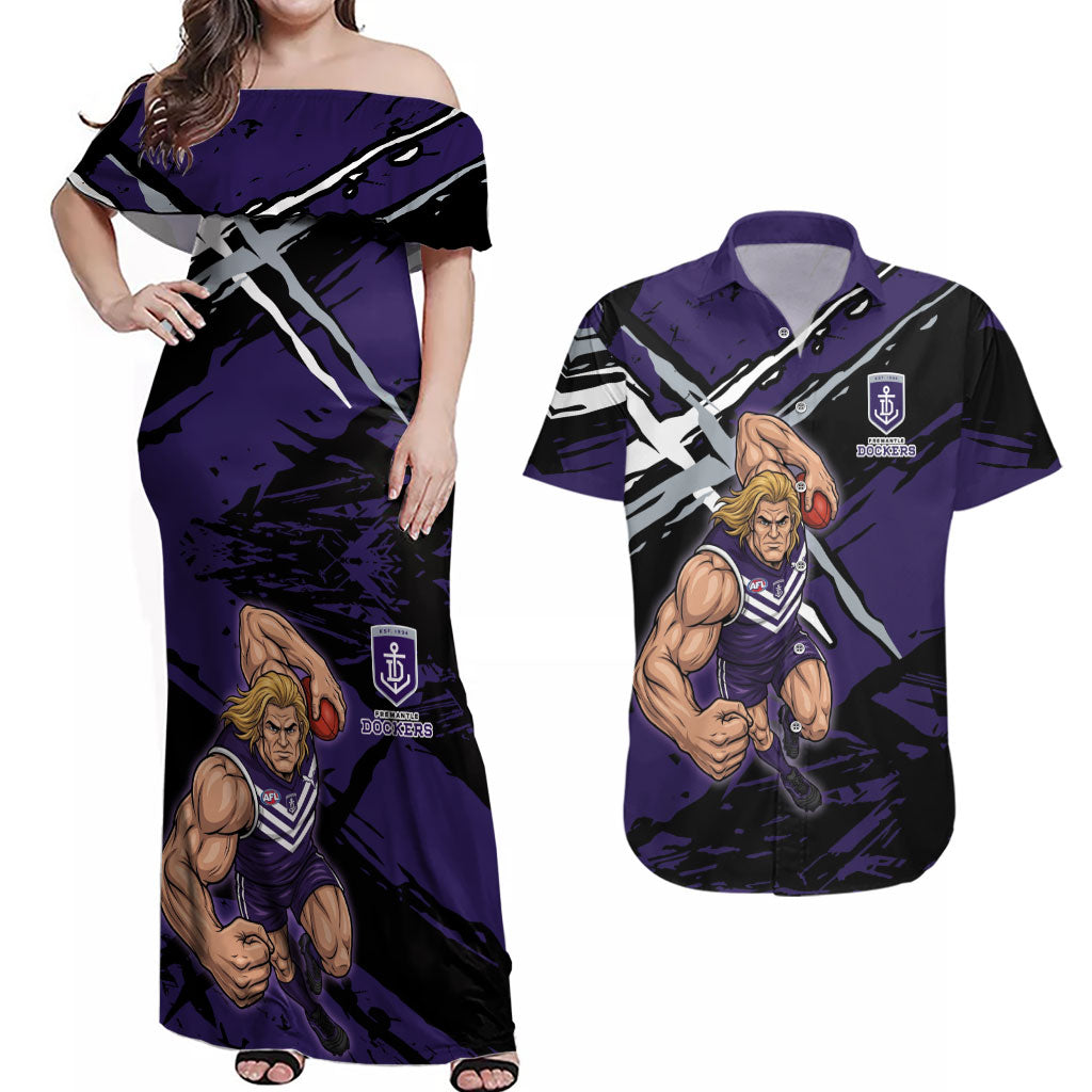 Fremantle Football Club Couples Matching Off Shoulder Maxi Dress and Hawaiian Shirt Dockers Muscular Mascot Graphic - Abstract Paint Splatter Art