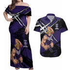 Fremantle Football Club Couples Matching Off Shoulder Maxi Dress and Hawaiian Shirt Dockers Muscular Mascot Graphic - Abstract Paint Splatter Art