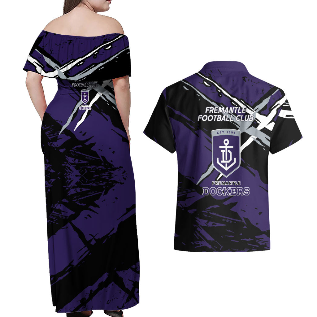 Fremantle Football Club Couples Matching Off Shoulder Maxi Dress and Hawaiian Shirt Dockers Muscular Mascot Graphic - Abstract Paint Splatter Art