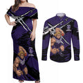 Fremantle Football Club Couples Matching Off Shoulder Maxi Dress and Long Sleeve Button Shirt Dockers Muscular Mascot Graphic - Abstract Paint Splatter Art