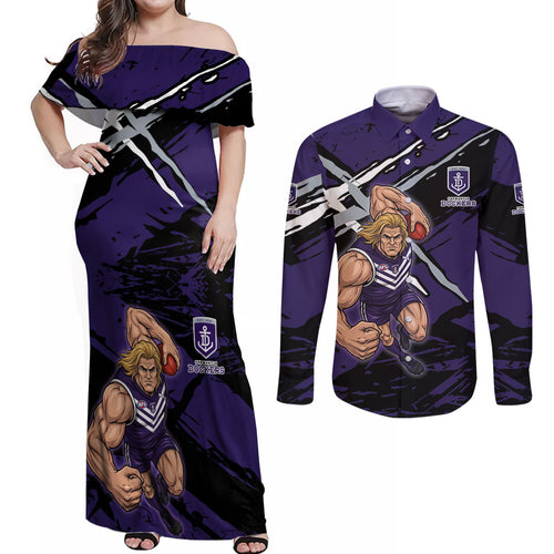 Fremantle Football Club Couples Matching Off Shoulder Maxi Dress and Long Sleeve Button Shirt Dockers Muscular Mascot Graphic - Abstract Paint Splatter Art