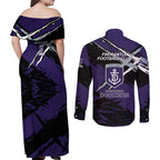 Fremantle Football Club Couples Matching Off Shoulder Maxi Dress and Long Sleeve Button Shirt Dockers Muscular Mascot Graphic - Abstract Paint Splatter Art