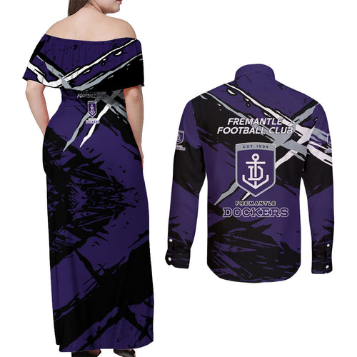 Fremantle Football Club Couples Matching Off Shoulder Maxi Dress and Long Sleeve Button Shirt Dockers Muscular Mascot Graphic - Abstract Paint Splatter Art