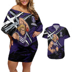 Fremantle Football Club Couples Matching Off Shoulder Short Dress and Hawaiian Shirt Dockers Muscular Mascot Graphic - Abstract Paint Splatter Art