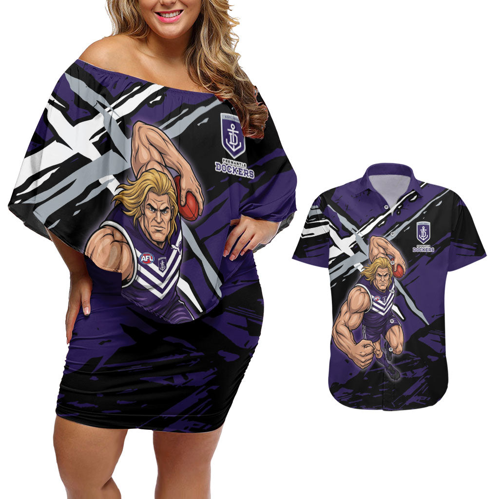 Fremantle Football Club Couples Matching Off Shoulder Short Dress and Hawaiian Shirt Dockers Muscular Mascot Graphic - Abstract Paint Splatter Art