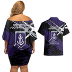 Fremantle Football Club Couples Matching Off Shoulder Short Dress and Hawaiian Shirt Dockers Muscular Mascot Graphic - Abstract Paint Splatter Art