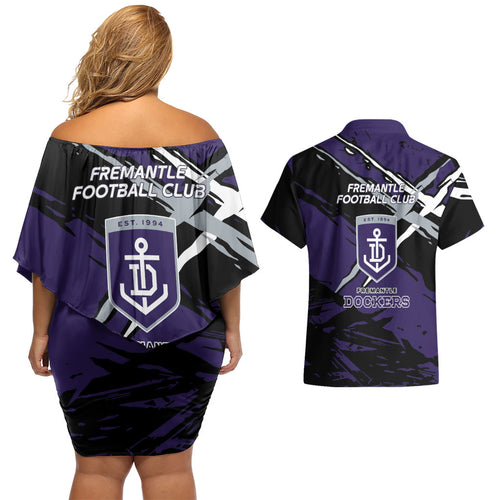 Fremantle Football Club Couples Matching Off Shoulder Short Dress and Hawaiian Shirt Dockers Muscular Mascot Graphic - Abstract Paint Splatter Art