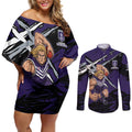 Fremantle Football Club Couples Matching Off Shoulder Short Dress and Long Sleeve Button Shirt Dockers Muscular Mascot Graphic - Abstract Paint Splatter Art