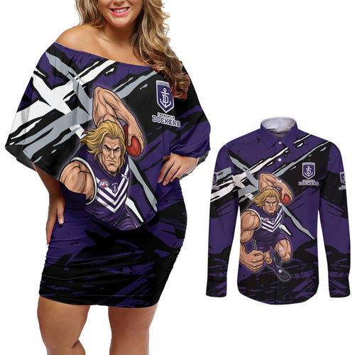 Fremantle Football Club Couples Matching Off Shoulder Short Dress and Long Sleeve Button Shirt Dockers Muscular Mascot Graphic - Abstract Paint Splatter Art