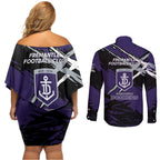 Fremantle Football Club Couples Matching Off Shoulder Short Dress and Long Sleeve Button Shirt Dockers Muscular Mascot Graphic - Abstract Paint Splatter Art