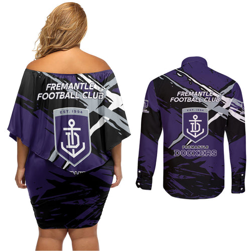 Fremantle Football Club Couples Matching Off Shoulder Short Dress and Long Sleeve Button Shirt Dockers Muscular Mascot Graphic - Abstract Paint Splatter Art