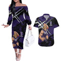 Fremantle Football Club Couples Matching Off The Shoulder Long Sleeve Dress and Hawaiian Shirt Dockers Muscular Mascot Graphic - Abstract Paint Splatter Art