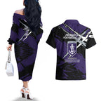 Fremantle Football Club Couples Matching Off The Shoulder Long Sleeve Dress and Hawaiian Shirt Dockers Muscular Mascot Graphic - Abstract Paint Splatter Art