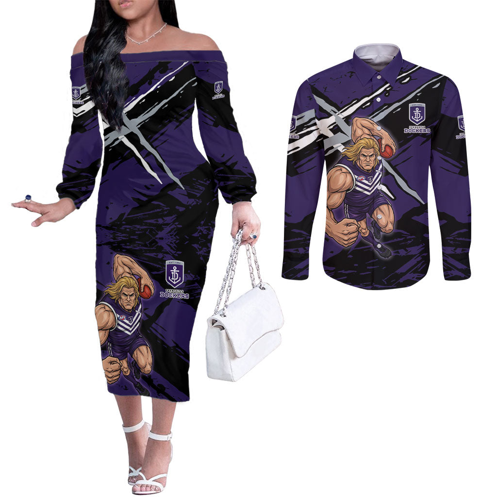 Fremantle Football Club Couples Matching Off The Shoulder Long Sleeve Dress and Long Sleeve Button Shirt Dockers Muscular Mascot Graphic - Abstract Paint Splatter Art