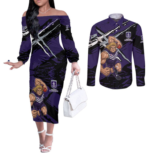 Fremantle Football Club Couples Matching Off The Shoulder Long Sleeve Dress and Long Sleeve Button Shirt Dockers Muscular Mascot Graphic - Abstract Paint Splatter Art