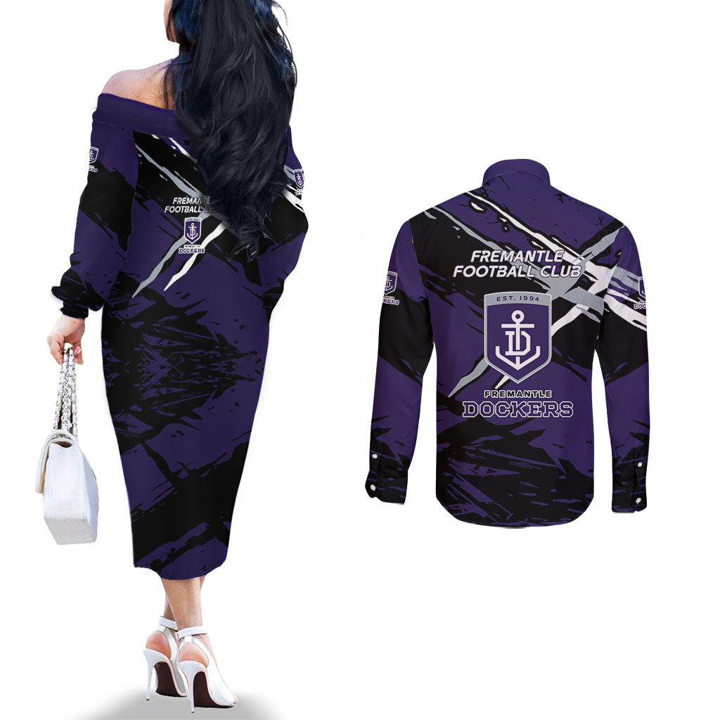 Fremantle Football Club Couples Matching Off The Shoulder Long Sleeve Dress and Long Sleeve Button Shirt Dockers Muscular Mascot Graphic - Abstract Paint Splatter Art